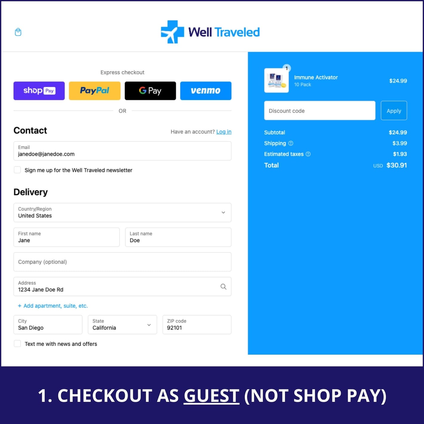 screenshot checkout as guest not shop pay